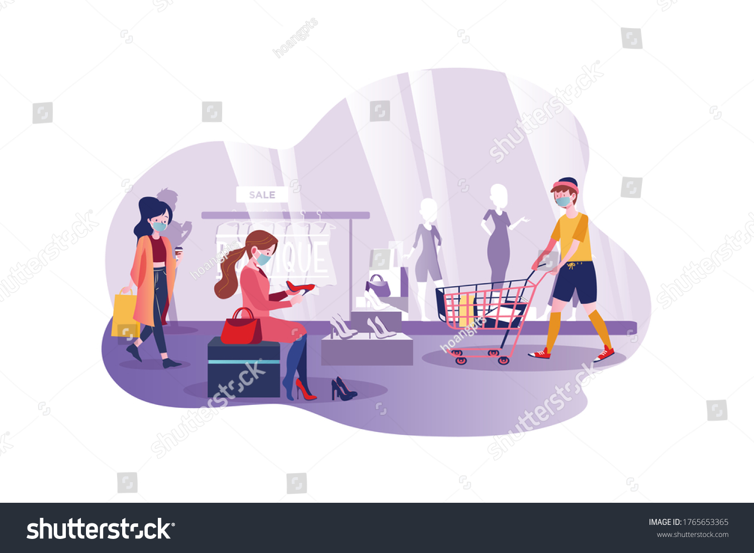 SVG of People wearing mask shopping in the mall. Vector Illustration concept. svg