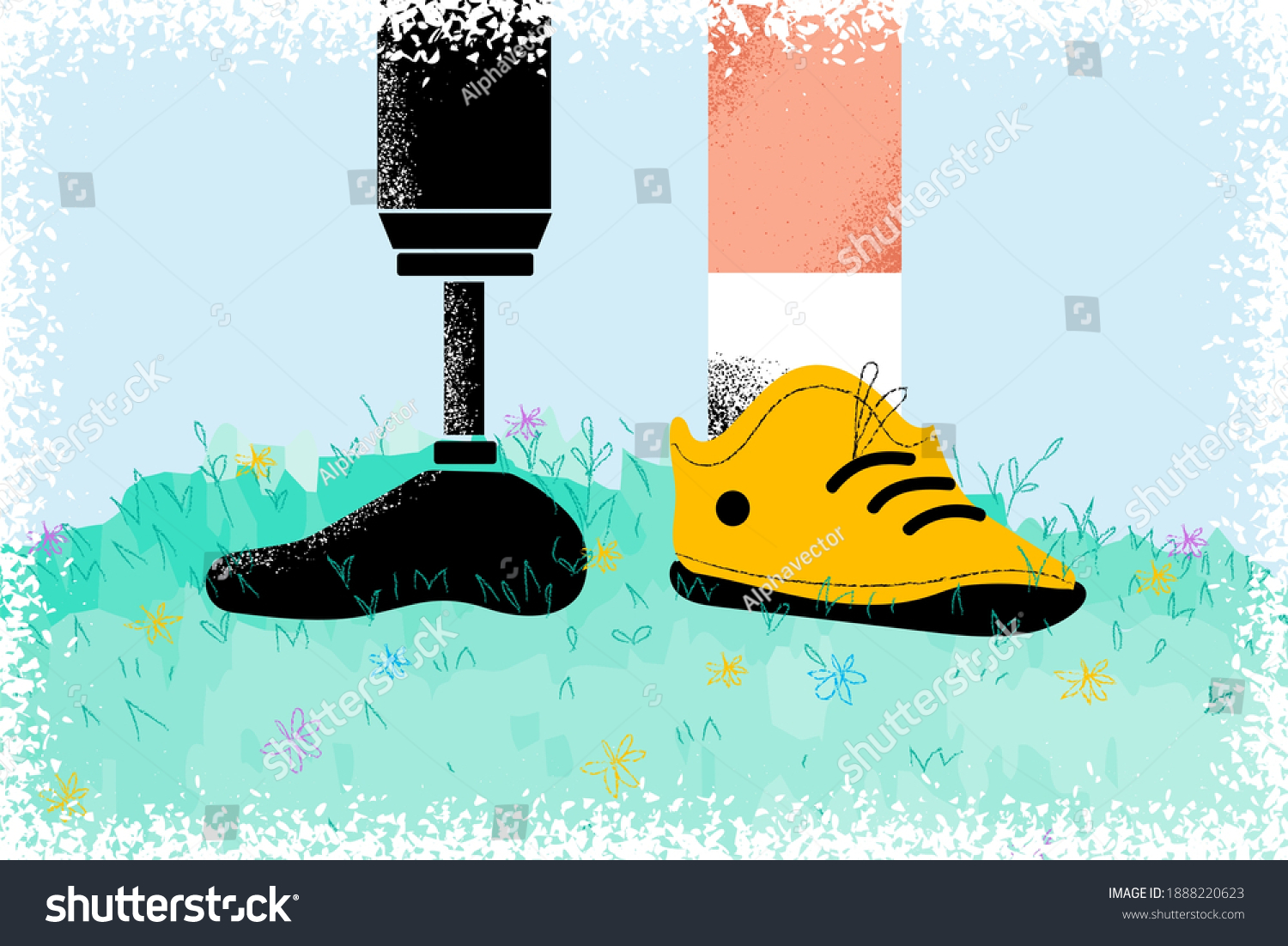 SVG of People with disabilities living active life concept. Disabled young man with prosthetic leg walking outdoors on grass, low angle view vector illustration  svg