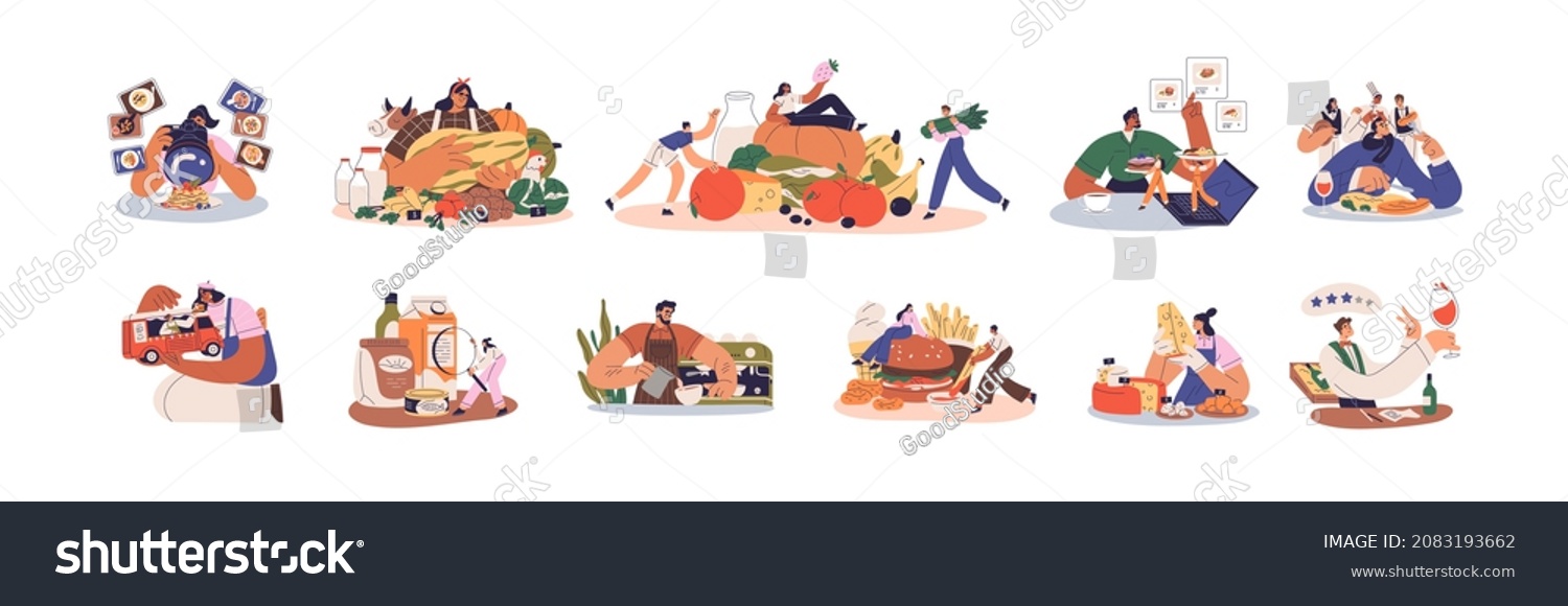 SVG of People with food concepts, eat, order and take photo. Culinary critics and foodies at tastings, barista with coffee and experts with organic products. Flat vector illustrations isolated on white svg