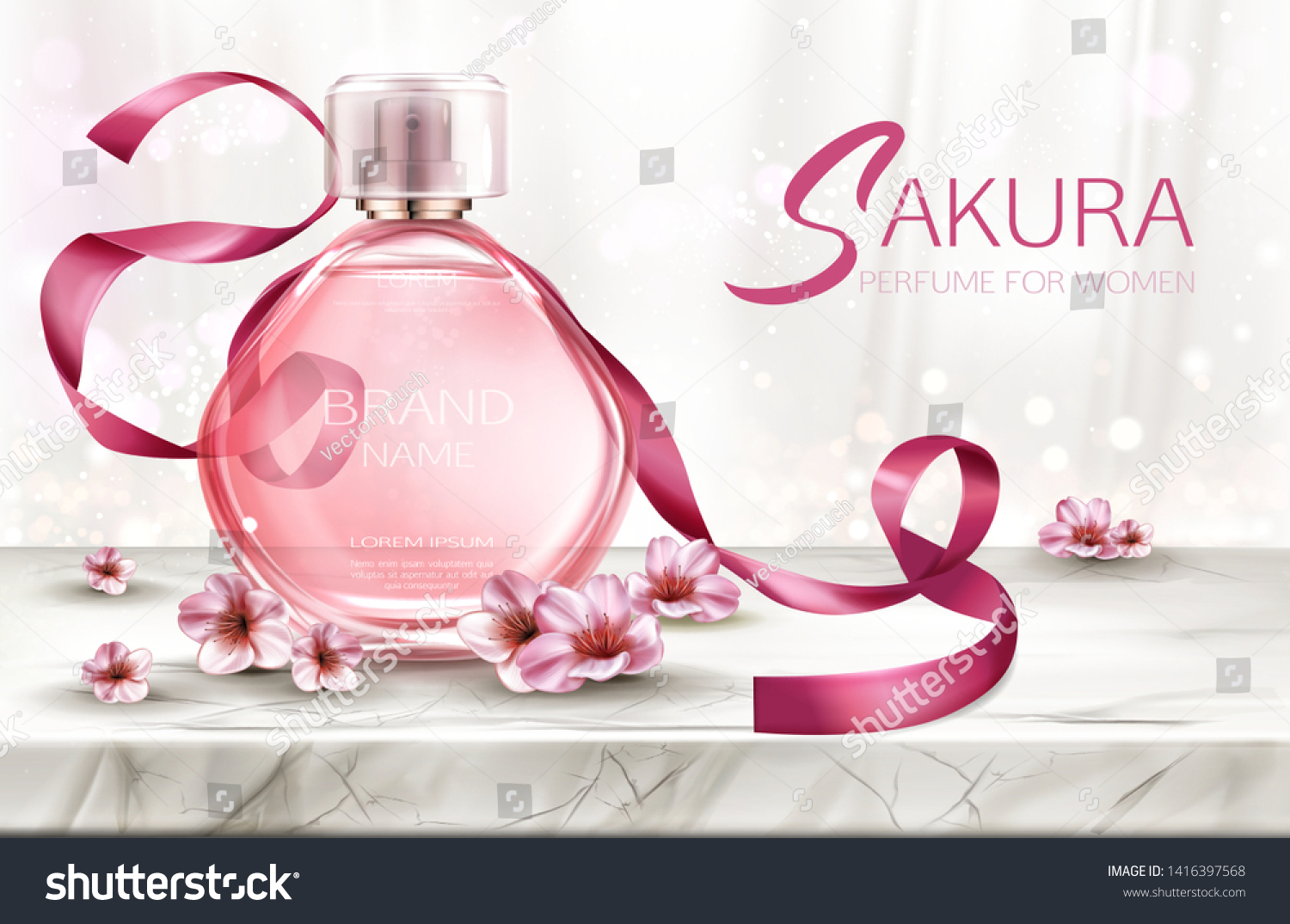 SVG of Perfume background, cosmetic product fragrance in glass bottle with lace and pink sakura flowers on marble table top with white silk curtains backdrop, poster. Realistic 3d vector illustration, banner svg