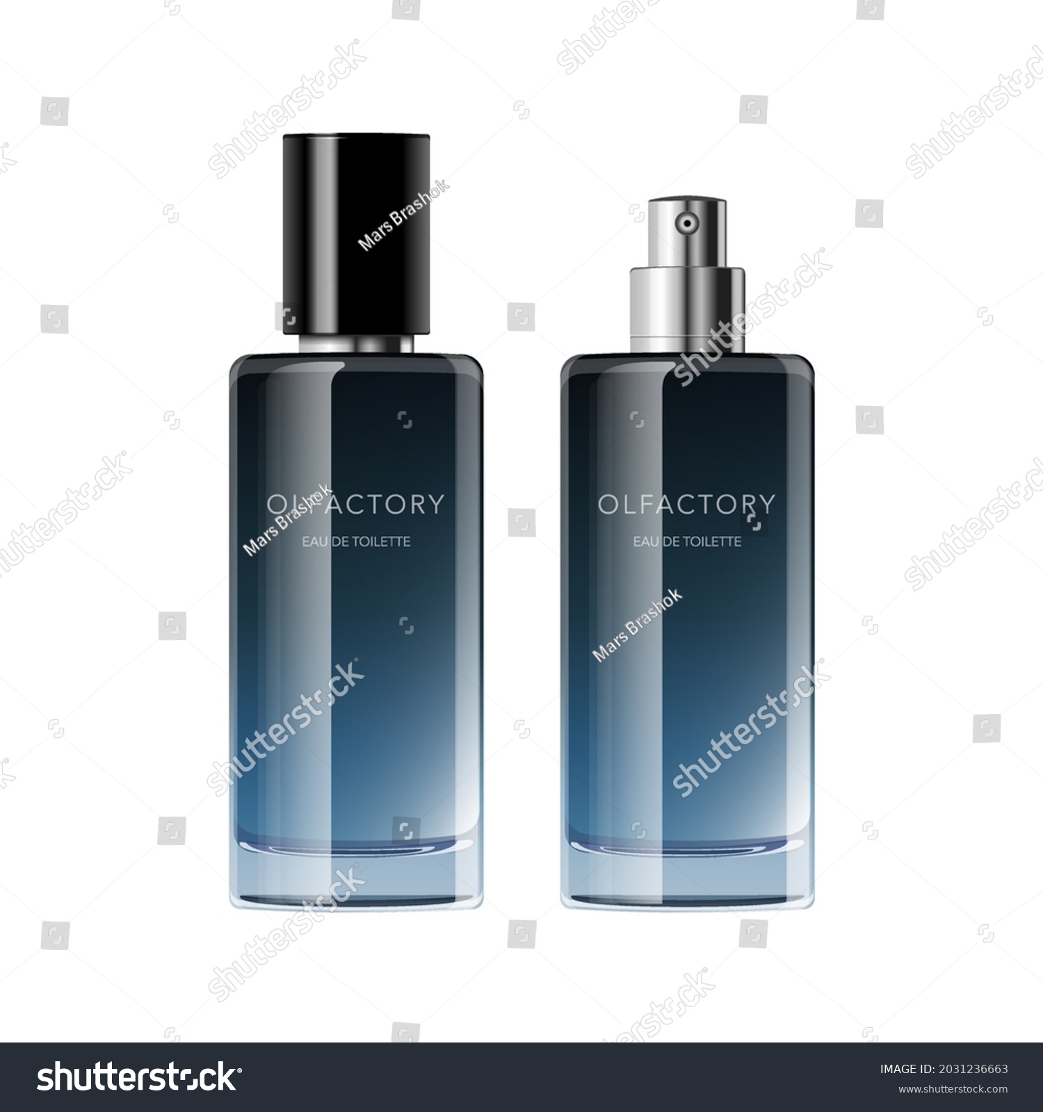 SVG of Perfume bottle template. Simple fragrance glass container with steel sprayer and black plastic cap in dark colors. Trendy gradient packaging. Vector mockup realistic isolated illustration. svg