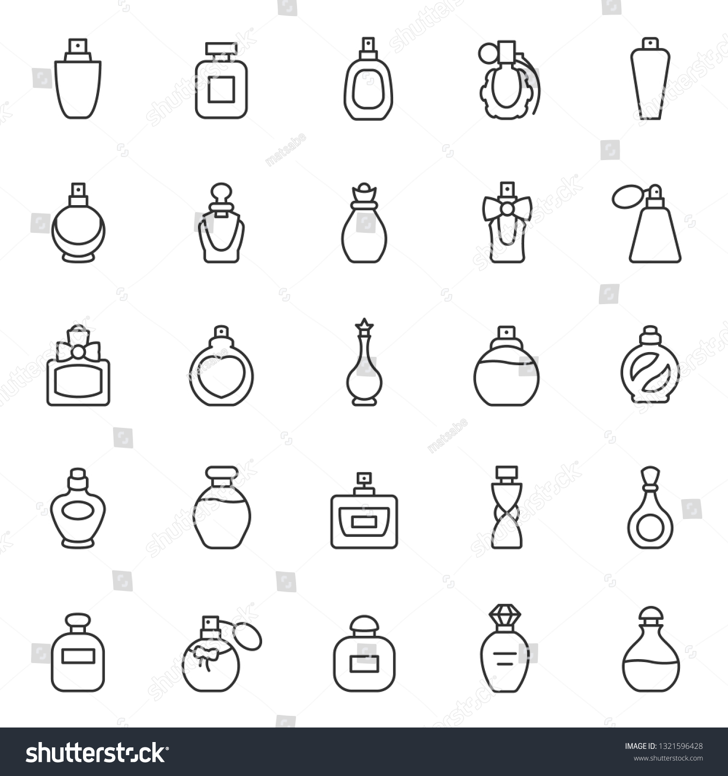 SVG of Perfume bottles, icon set. Eau de toilette. Packaging of various shapes, linear icons. Line with editable stroke svg