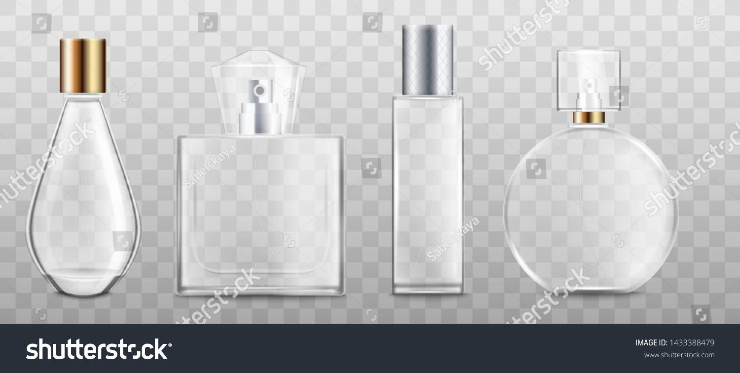 SVG of Perfume bottles or fragrance containers of various shapes 3d realistic vector illustration mockup isolated on transparent background. Perfumery and cosmetics packaging. svg