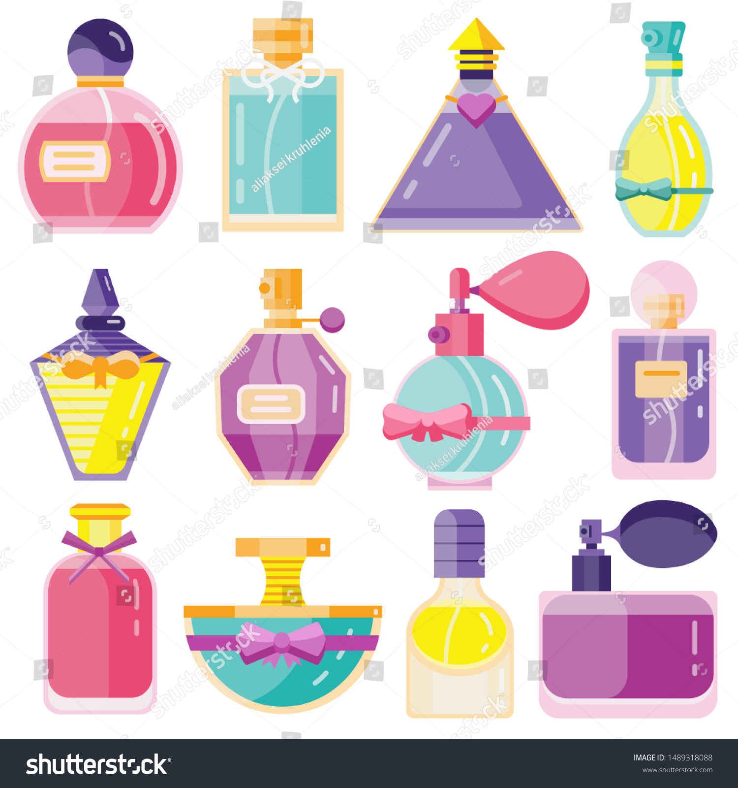 SVG of Perfume bottles set. Fragrant liquids fashion glass containers in various shapes and colors. Toilette water collection. Scented cologne icons in flat design. Scents with pumps and sprayers. svg