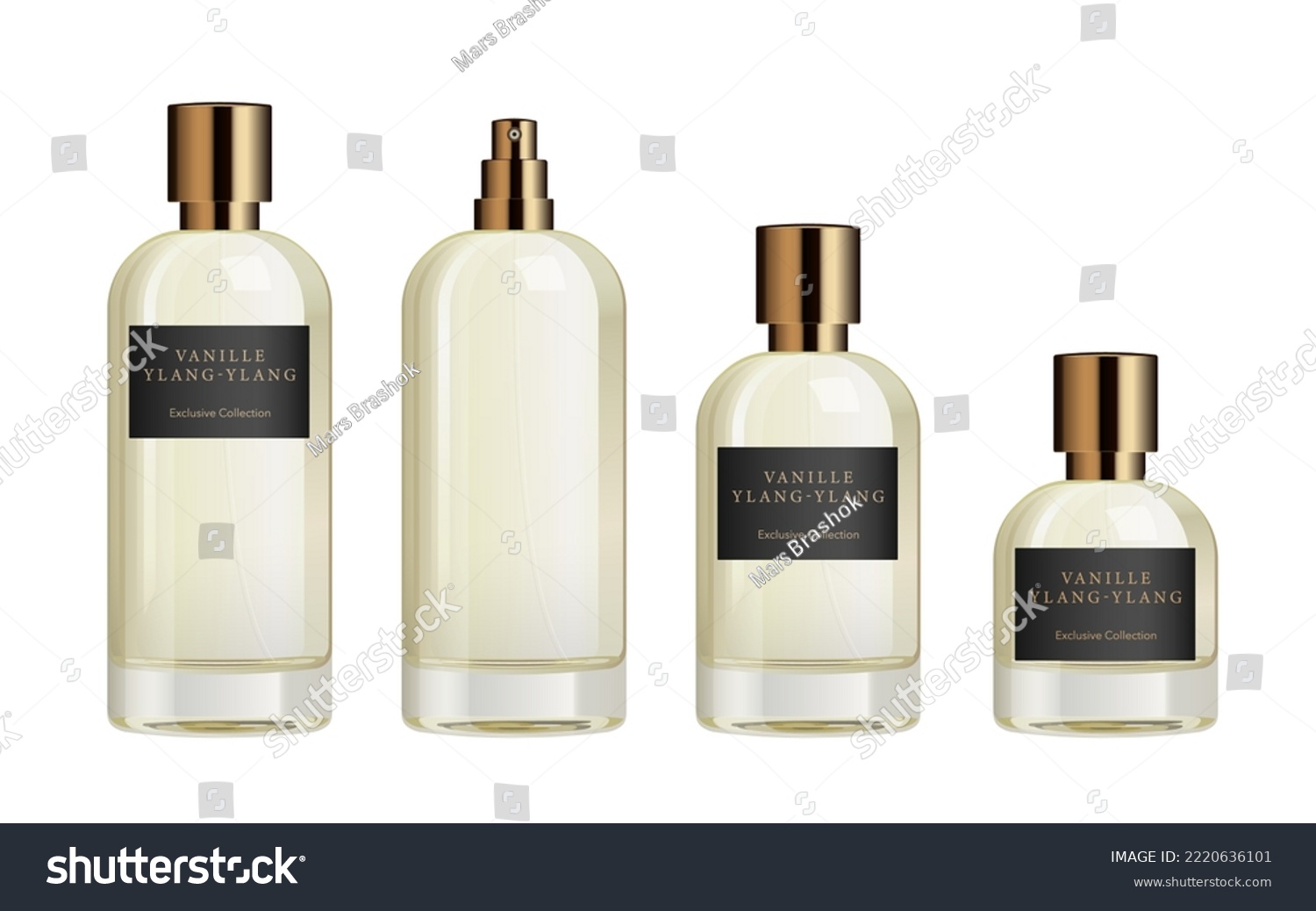 SVG of Perfume glass bottle template. Mockup of cylinder minimalist fragrance package in different sizes, with label, bronze sprayer and cap. 3d vector illustration isolated on white background. svg
