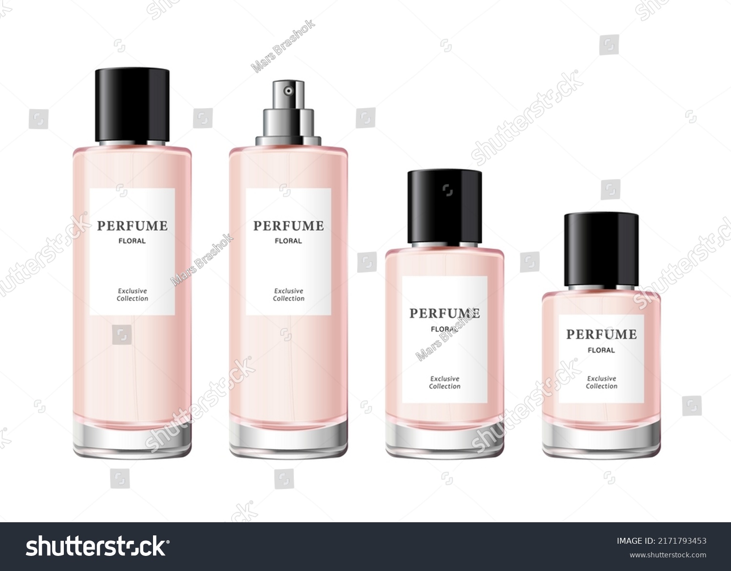 SVG of Perfume glass bottle template. Mockup of cylinder minimalist fragrance package in different volumes, with label, steel sprayer and black cap. 3d vector illustration isolated on white background.  svg