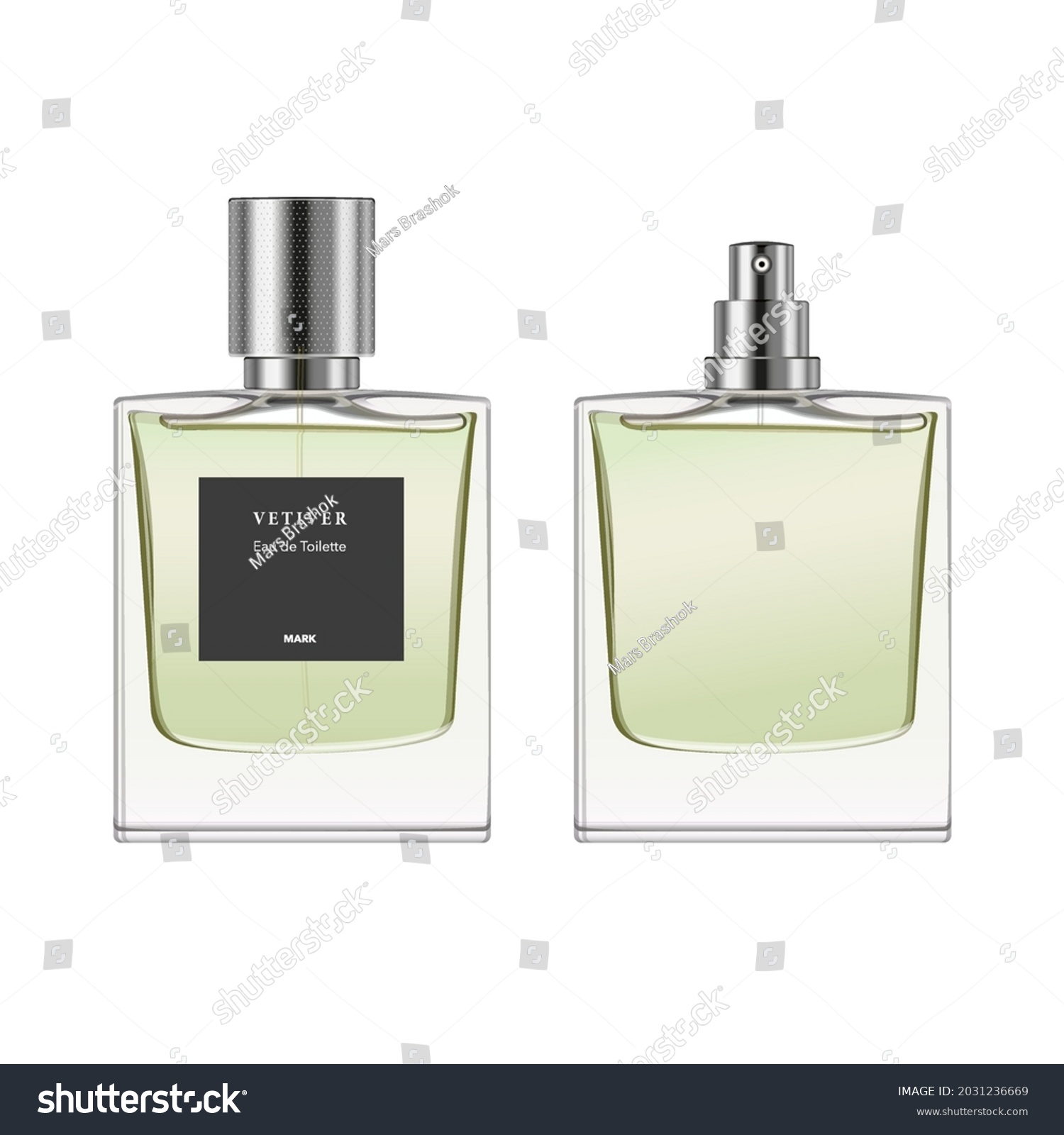 SVG of Perfume glass bottle template. Square transparent fragrance package with steel textured cap, spray, paper label, light green liquid. 3d vector mockup for ad and branding. Beauty product illustration. svg
