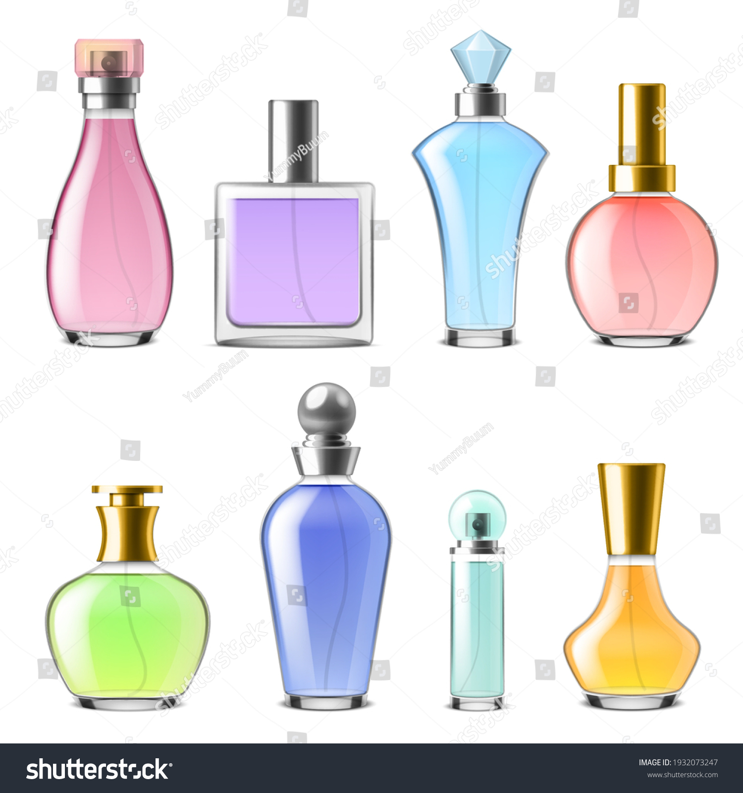 SVG of Perfume glass bottles. Realistic 3d cologne transparent packaging, colored fragrances with spray, cosmetic mockup, gold and silver caps. Cosmetic blank glamour packaging collection vector isolated set svg