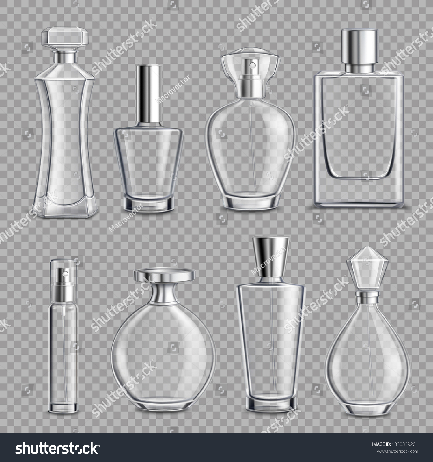 SVG of Perfume glass bottles various shapes and caps clear colorless realistic set on transparent background isolated vector illustration svg