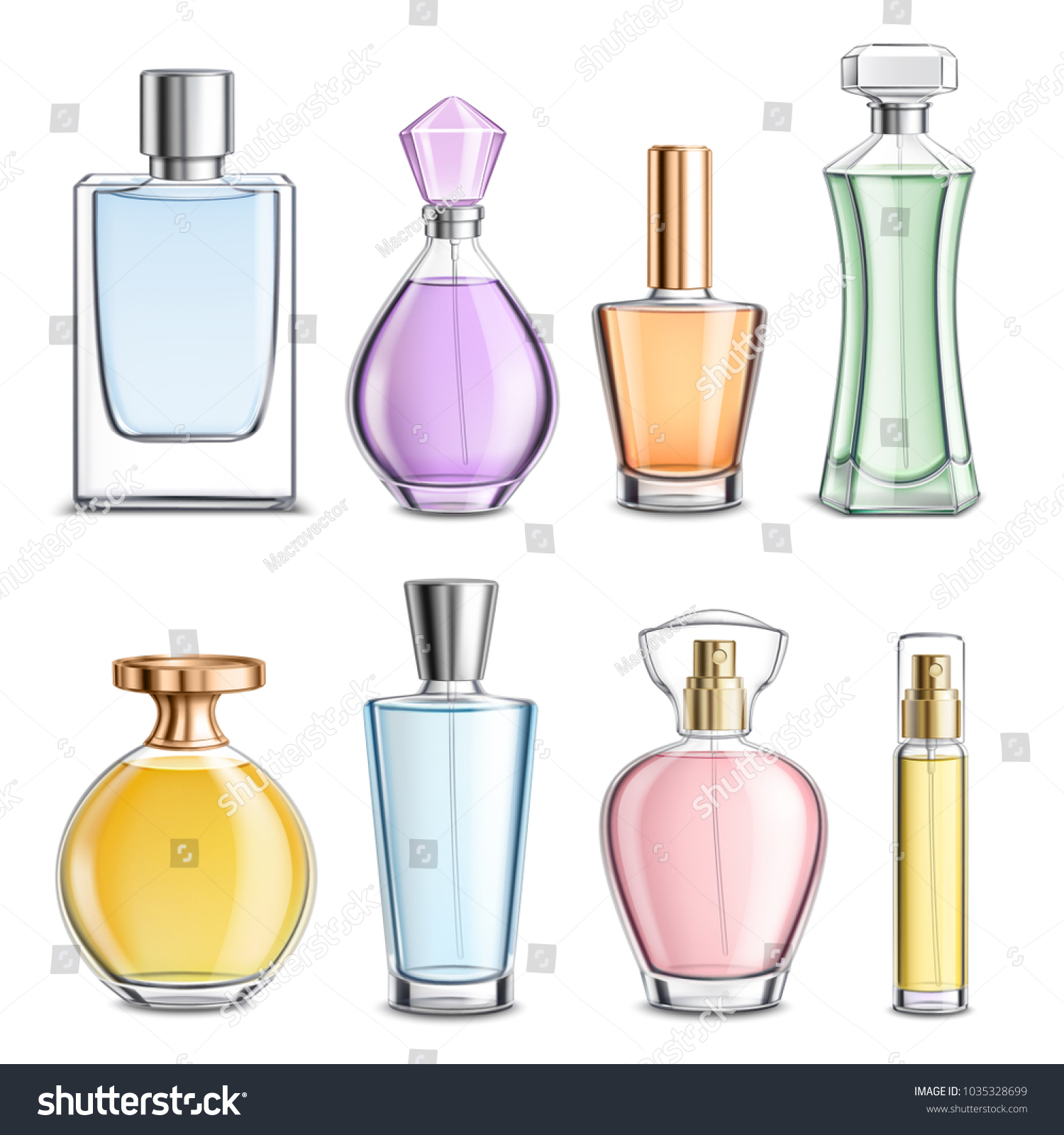 SVG of Perfume glass bottles various shapes caps and color 3d  realistic set on white background isolated vector illustration svg