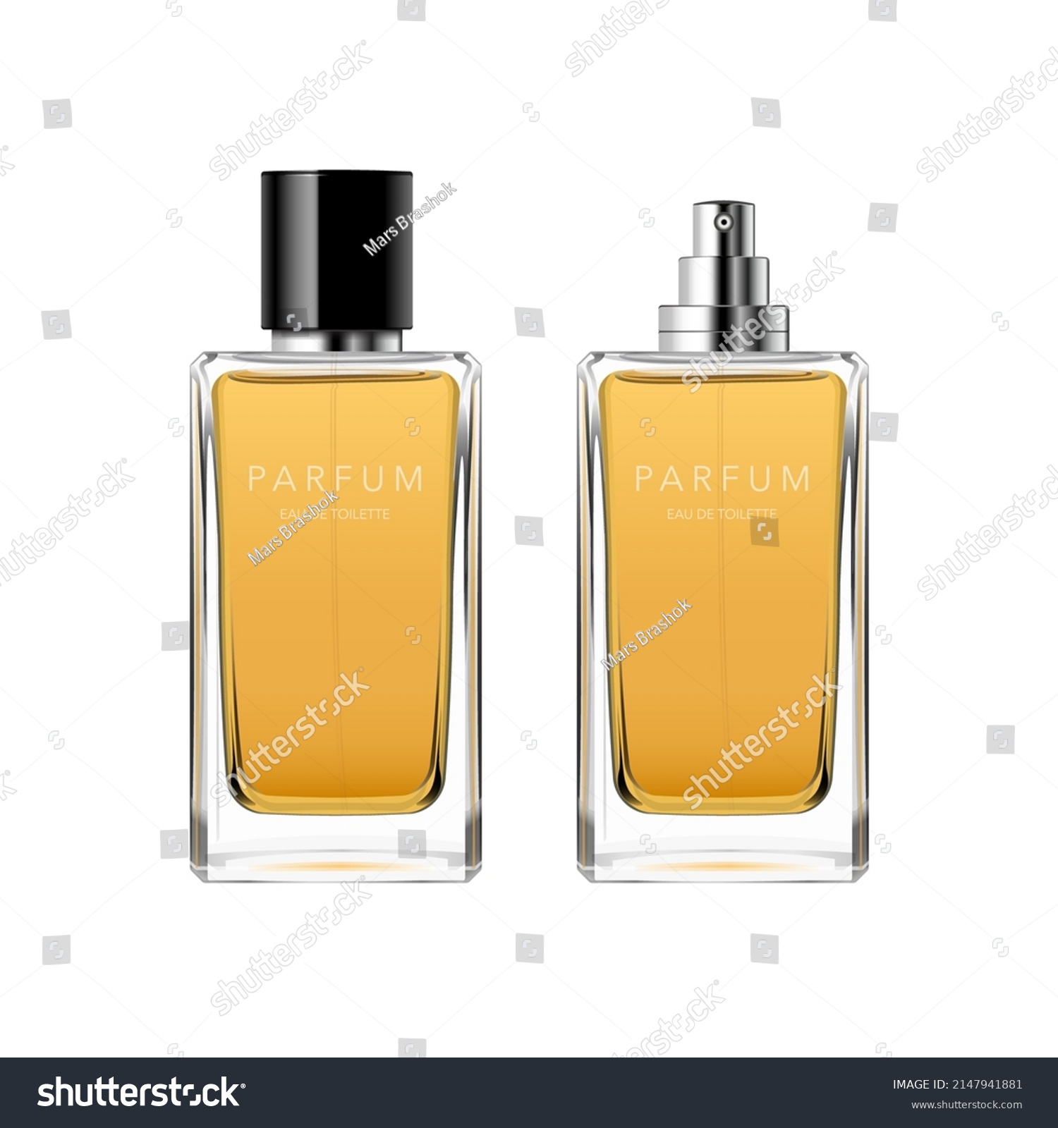 SVG of Perfume glass minimalist bottle. Square niche fragrance packaging with black plastic cap, sprayer, text template, amber liquid. 3d vector mockup for ad and branding. Beauty product illustration. svg