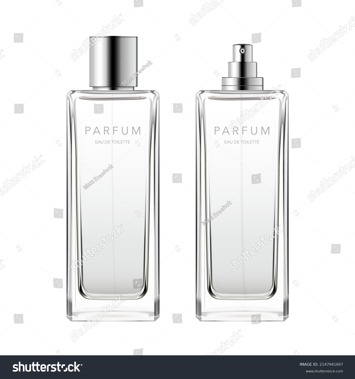 SVG of Perfume glass minimalist bottle. Square transparent fragrance packaging with steel cap, sprayer, text template, light liquid. 3d vector mockup for ad and branding. Beauty product illustration. svg