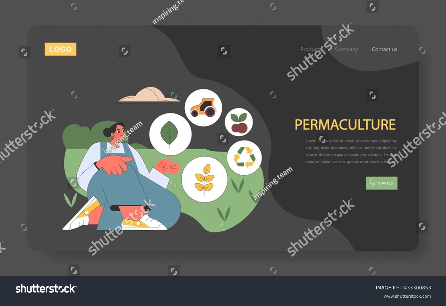 SVG of Permaculture concept. Individual demonstrates circular system of sustainable agriculture with icons for recycling, plants, and equipment. svg