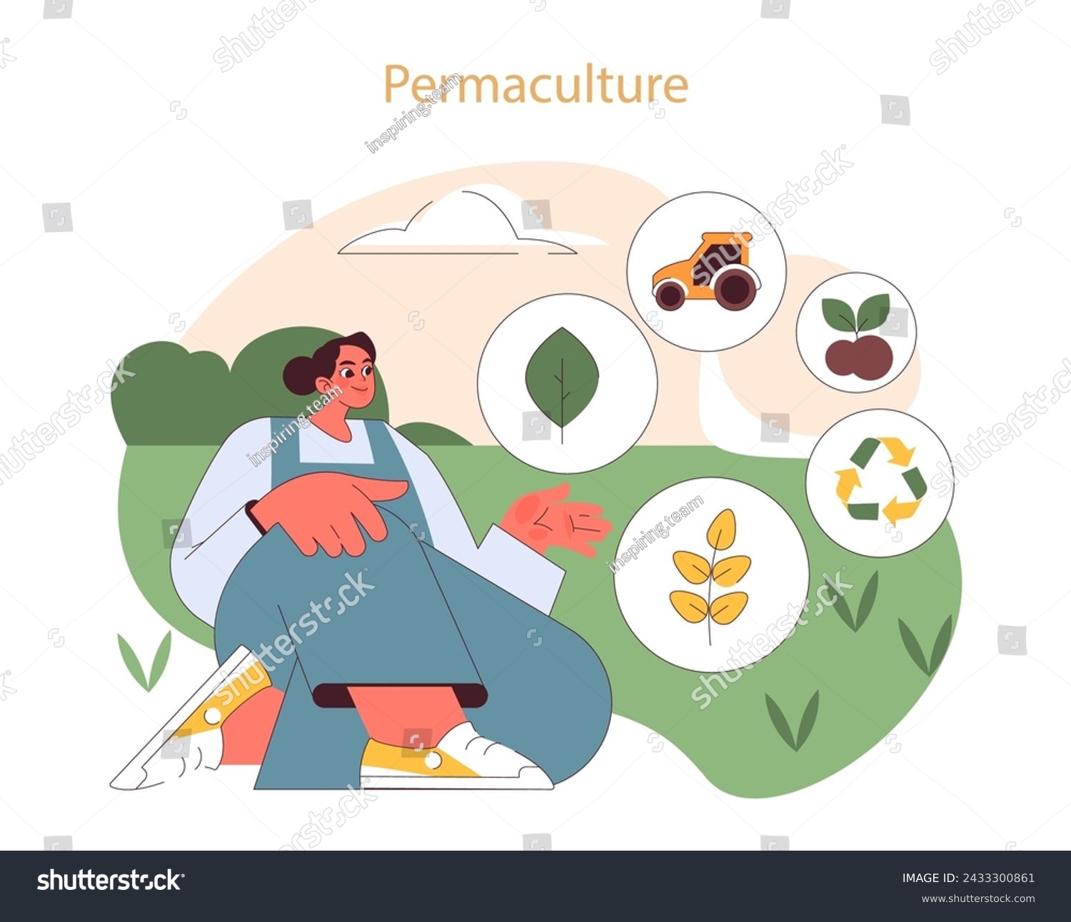 SVG of Permaculture concept. Individual demonstrates circular system of sustainable agriculture with icons for recycling, plants, and equipment. svg
