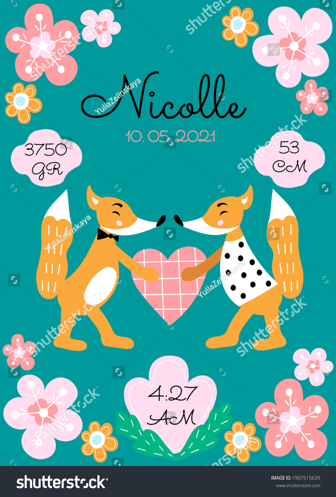 SVG of Personalize newborn baby metric poster with cute foxes and heart. Date, cm, gr, time svg