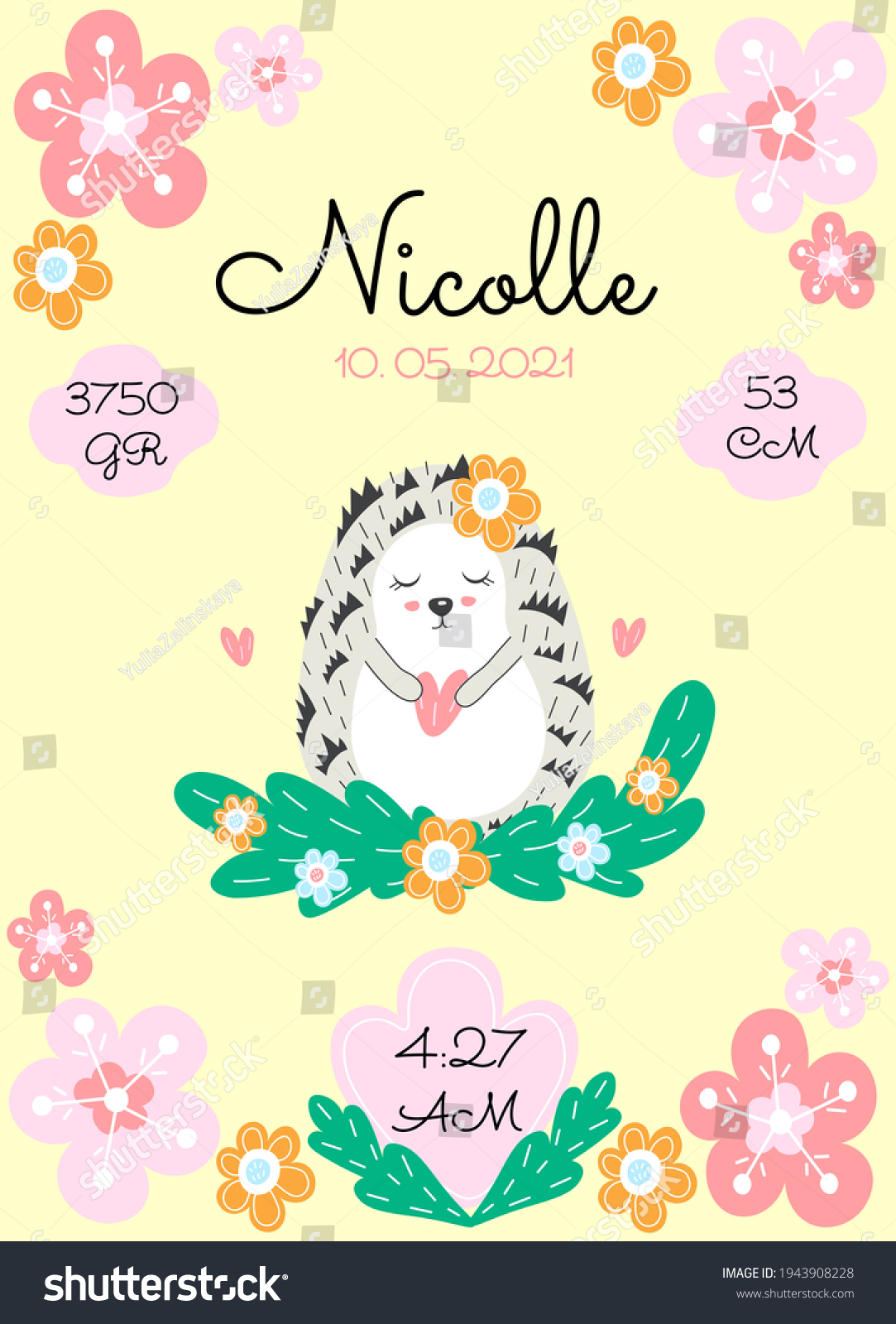 SVG of Personalize newborn baby metric poster with cute hedgehog and flowers. Date, cm, gr, time
 svg