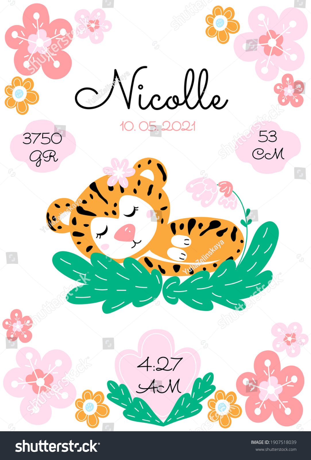 SVG of Personalize newborn baby metric poster with cute tiger and flowers on a white background. Date, cm, gr, time svg