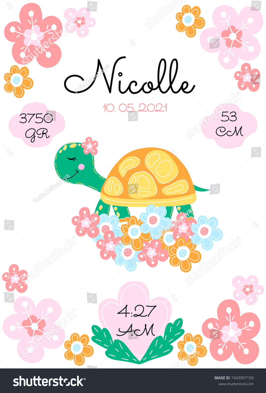 SVG of Personalize newborn baby metric poster with cute turtle and flowers on a white background. Date, cm, gr, time svg