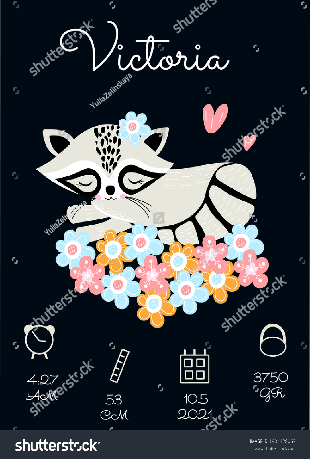 SVG of Personalize newborn baby metric poster with raccoon. Date, cm, gr, time. svg