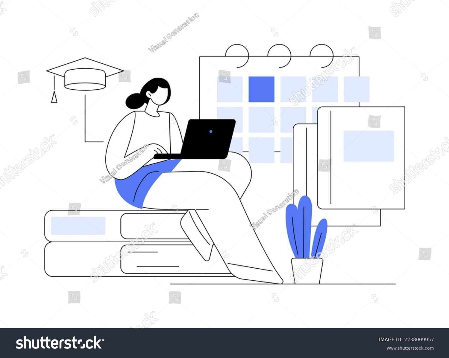 woman working laptop, calendar, books, blue clip art preview