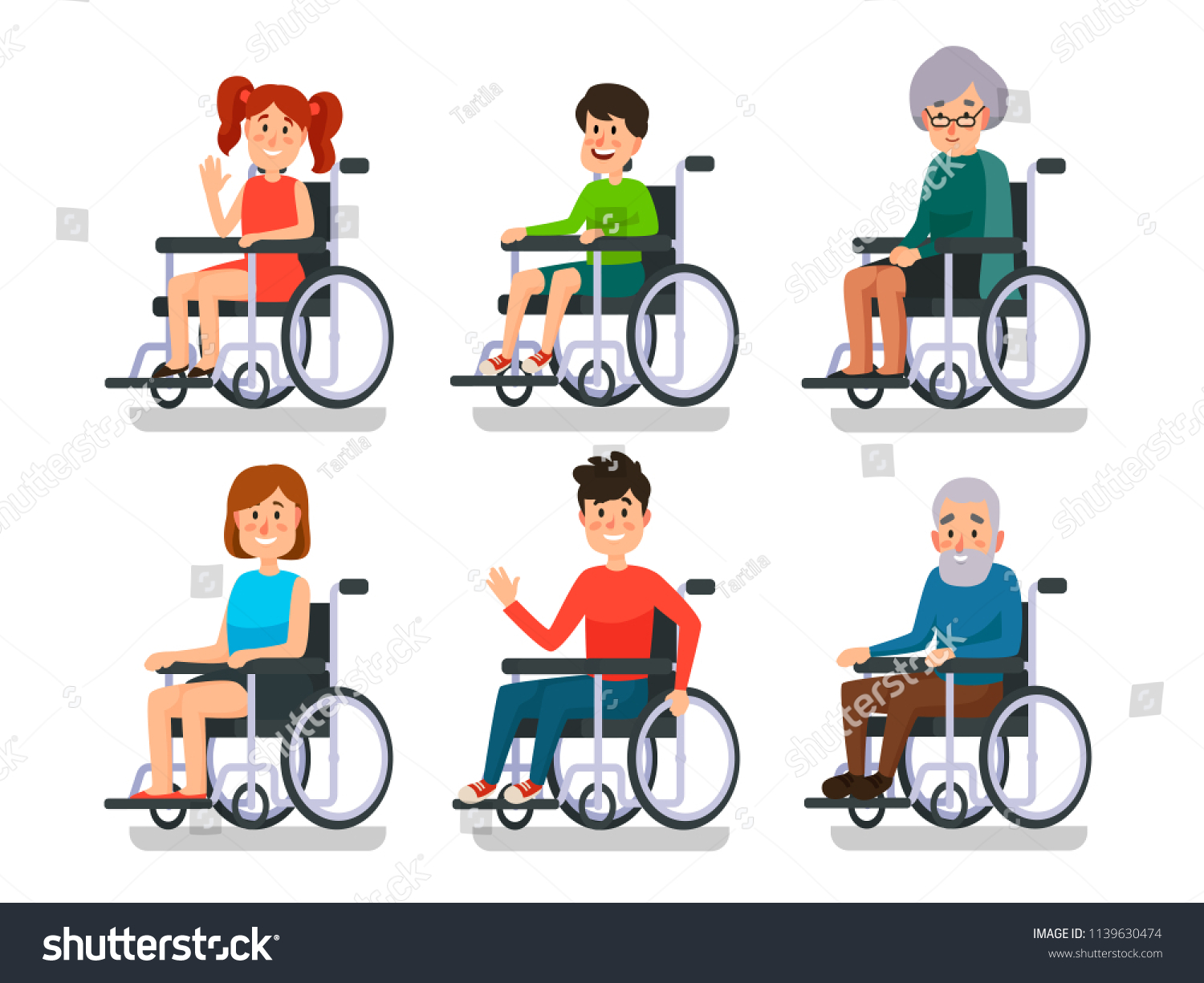 車いすの人 障害のある病院患者 身体障害者の若い男の子と女の子 男の女の性 幸せな老人の患者が車いすに無効に座っているカラフルなベクター画像分離アイコンセット のベクター画像素材 ロイヤリティフリー