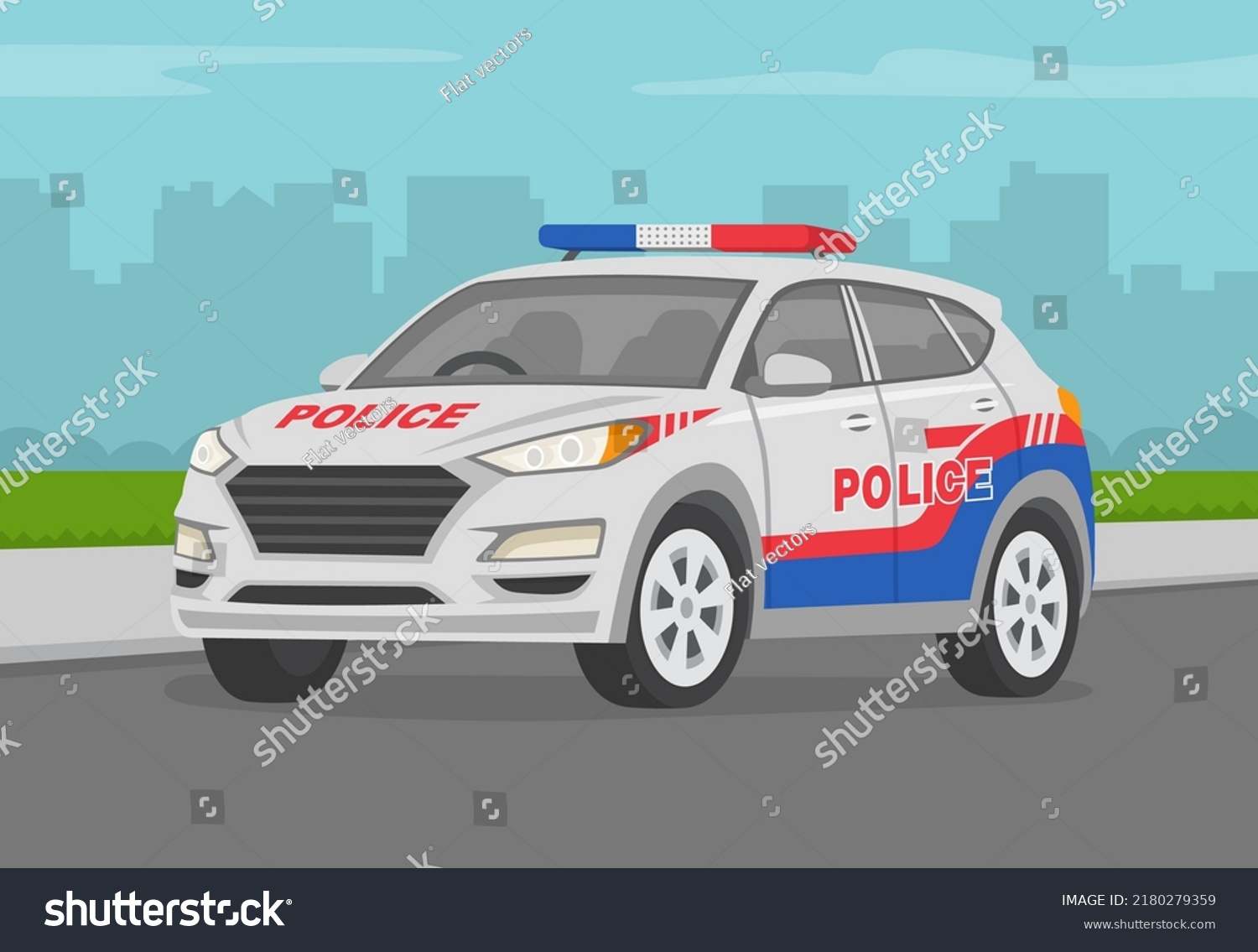 SVG of Perspective front view of a indian police suv car. Modern police car parked at curb. Flat vector illustration template. svg