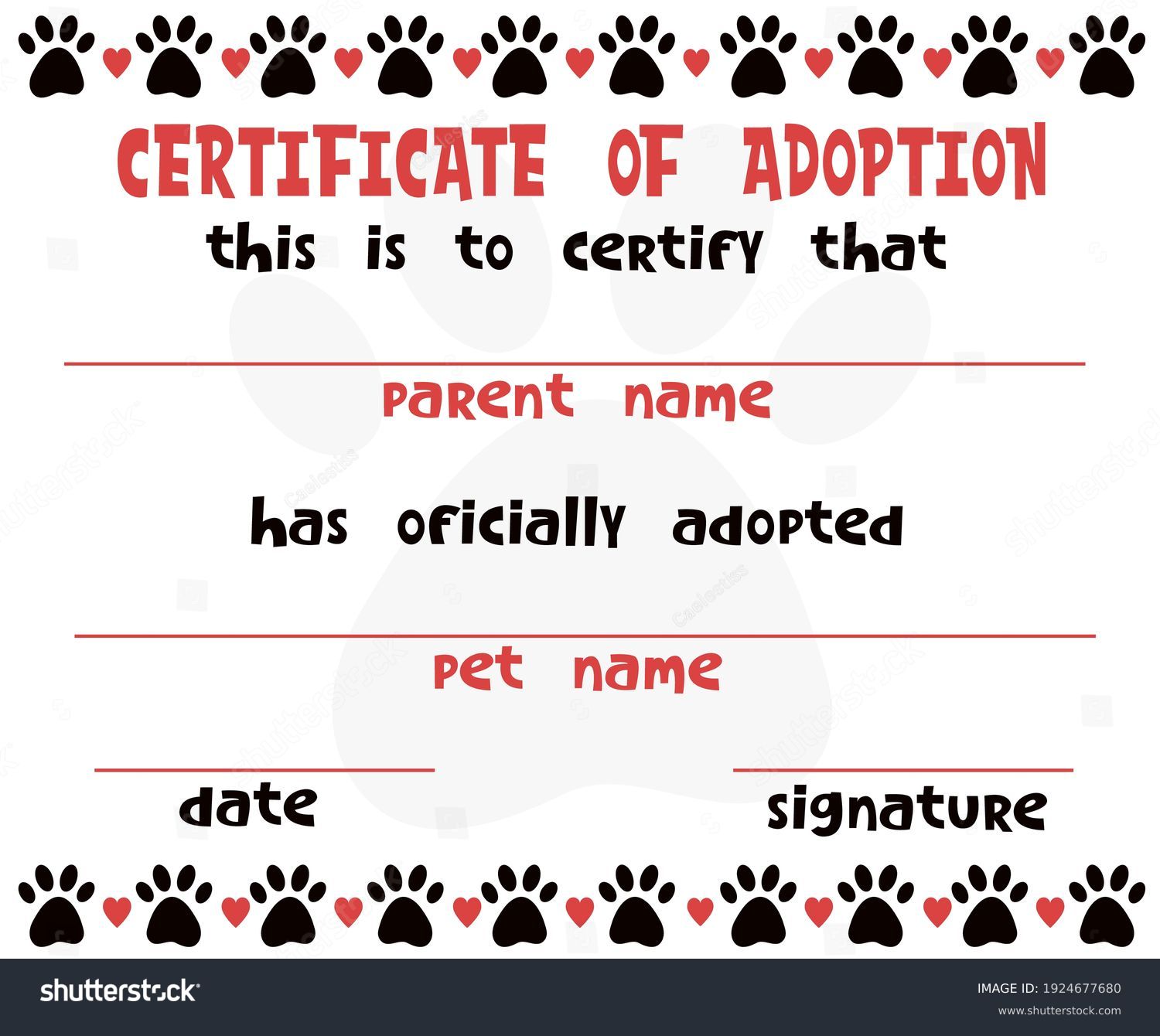 Pet Adoption Certificate Vector Template Design Stock Vector (Royalty ...