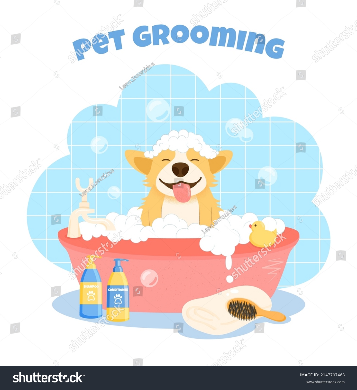 SVG of Pet grooming concept. Cute welsh corgi dog character, takes a bubble bath. Dog washing service the grooming salon. Cartoon flat vector illustration. svg