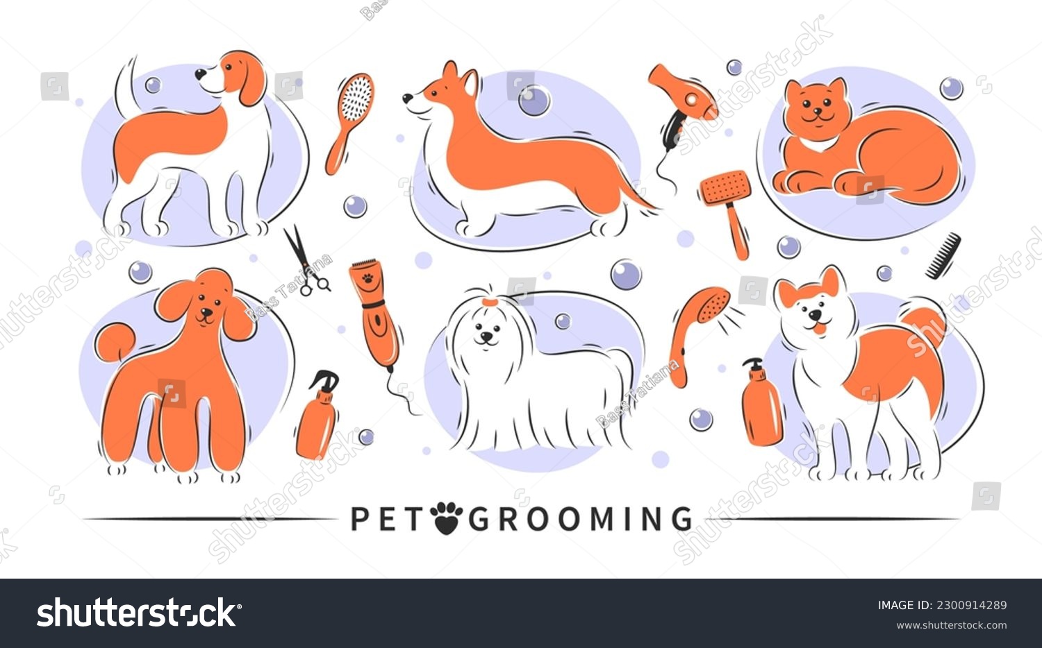 SVG of Pet grooming. Dog and cat beauty grooming salon, haircuts, bathing, care hair of pet. Vector illustration.
 svg