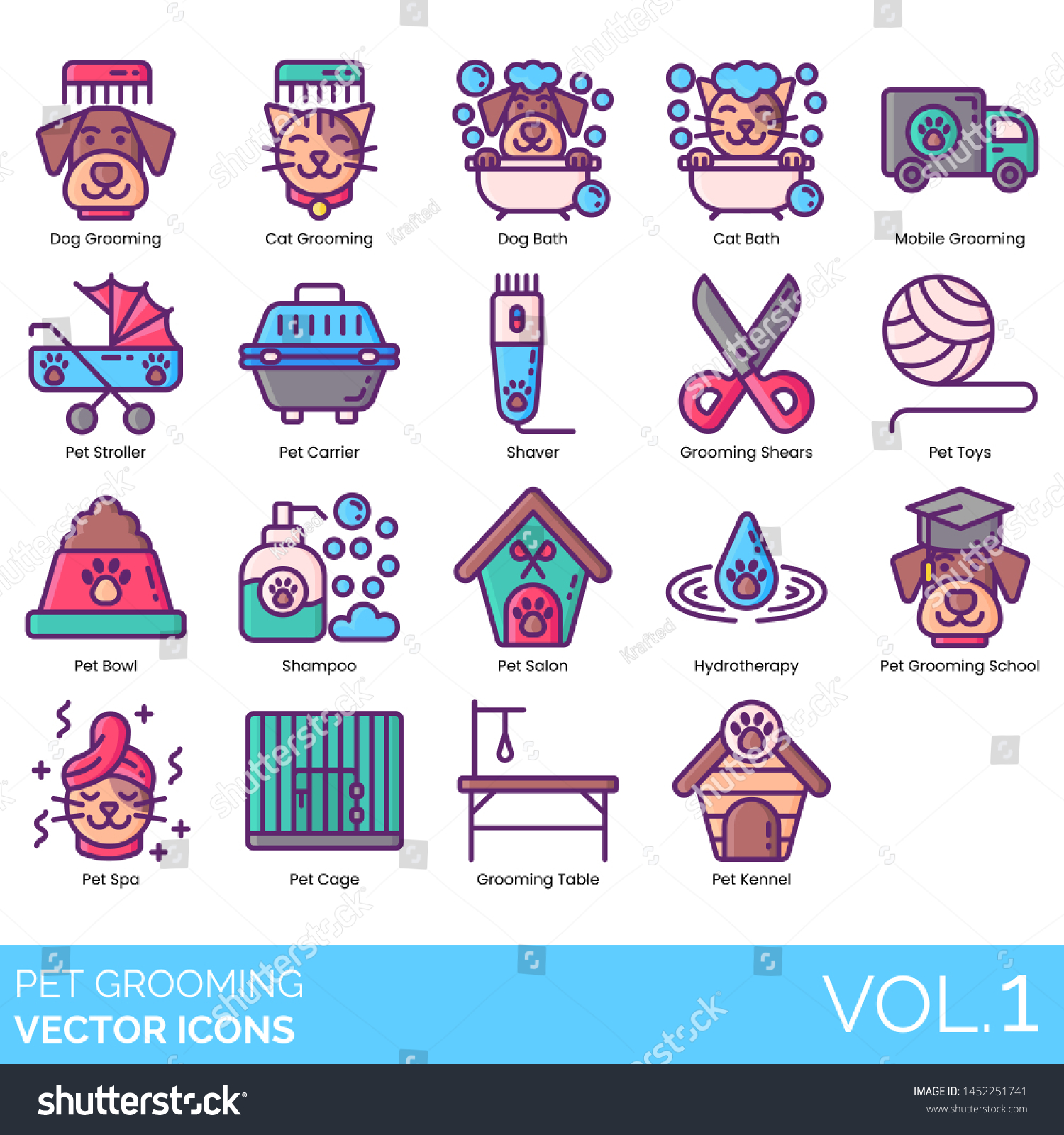 SVG of Pet grooming icons including dog, cat, bath, mobile, stroller, carrier, shaver, shears, toys, bowl, shampoo, salon, hydrotherapy, school, spa, cage, table, kennel. svg
