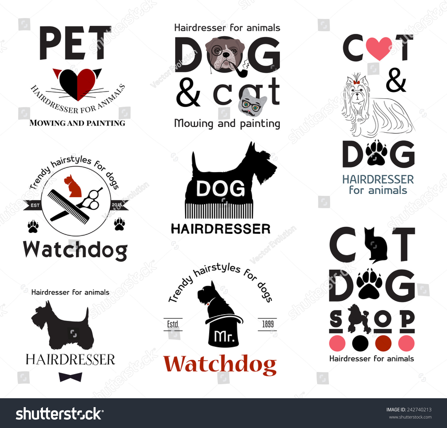 SVG of Pet grooming logo. Hair salon for animals logo labels badges.Trimming dogs logo design element. Animal care logo sign. Tools for dog grooming. Pet animal logo signs. Dog cat logo.Footprint animal sign svg