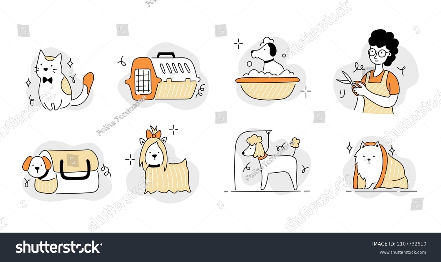 SVG of Pet grooming salon icon set. Cute dog beauty grooming salon, wash, care hair of pet. Doodle line style animal and character. Vector illustration.  svg
