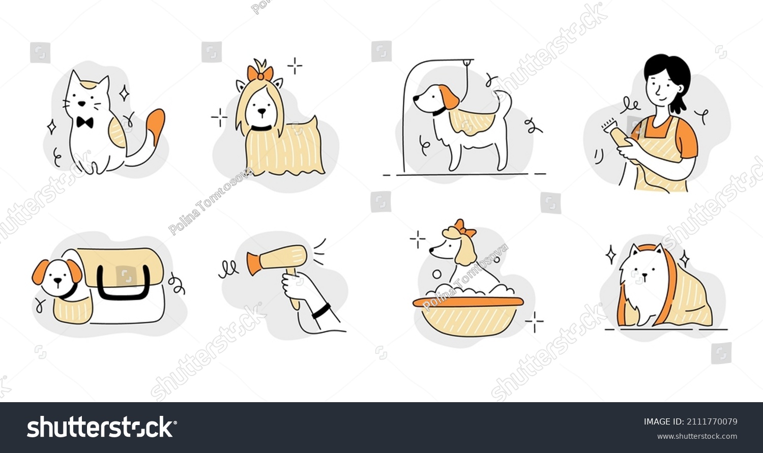 SVG of Pet grooming salon icon set. Cute dog beauty grooming salon, wash, care hair of pet. Doodle line style animal and character. Vector illustration. svg