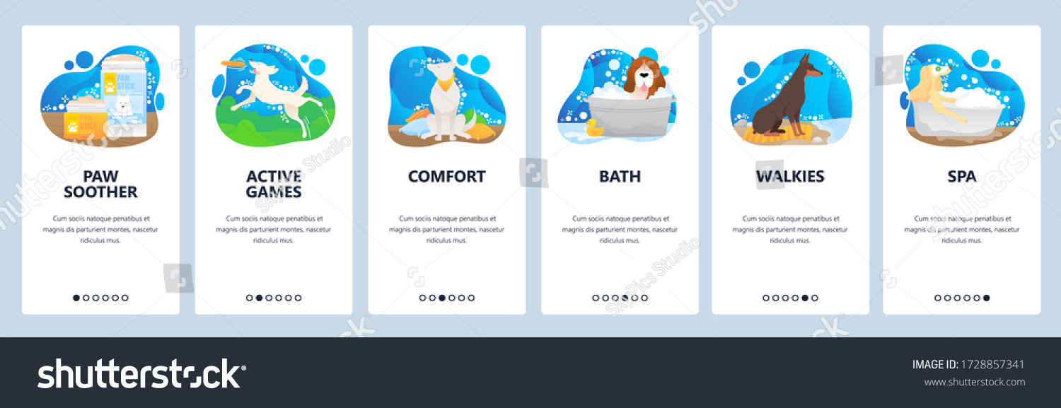 SVG of Pet hotel website and mobile app onboarding screens. Menu banner vector template for web site and application development. Dog and cat comfortable accommodation with bath, spa, active games for pets. svg