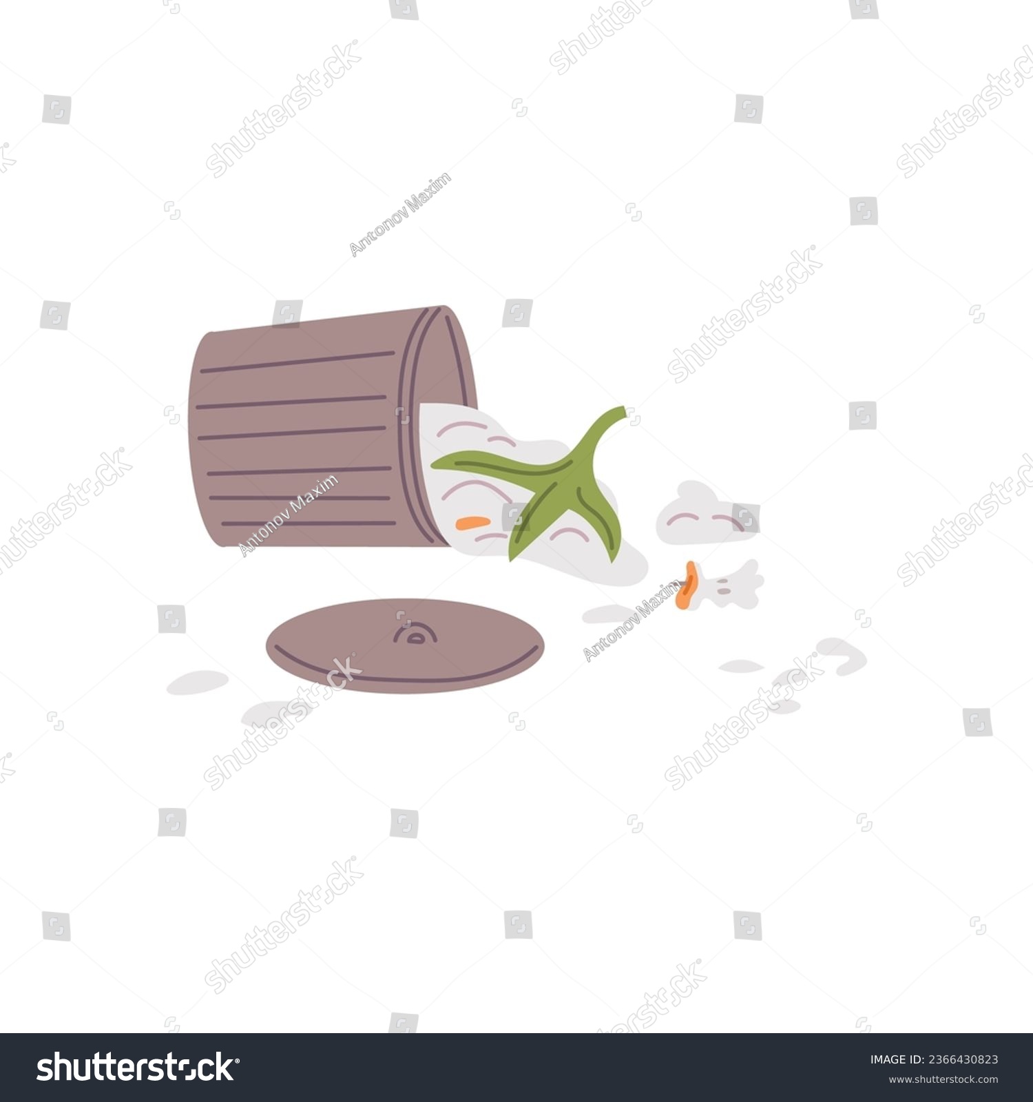 SVG of Pet mess and chaos. Overturned trash can, scattered garbage. Naughty mischievous dog or cat behavior. Bad unwanted inappropriate animal quirk. Flat vector illustration isolated on white background svg