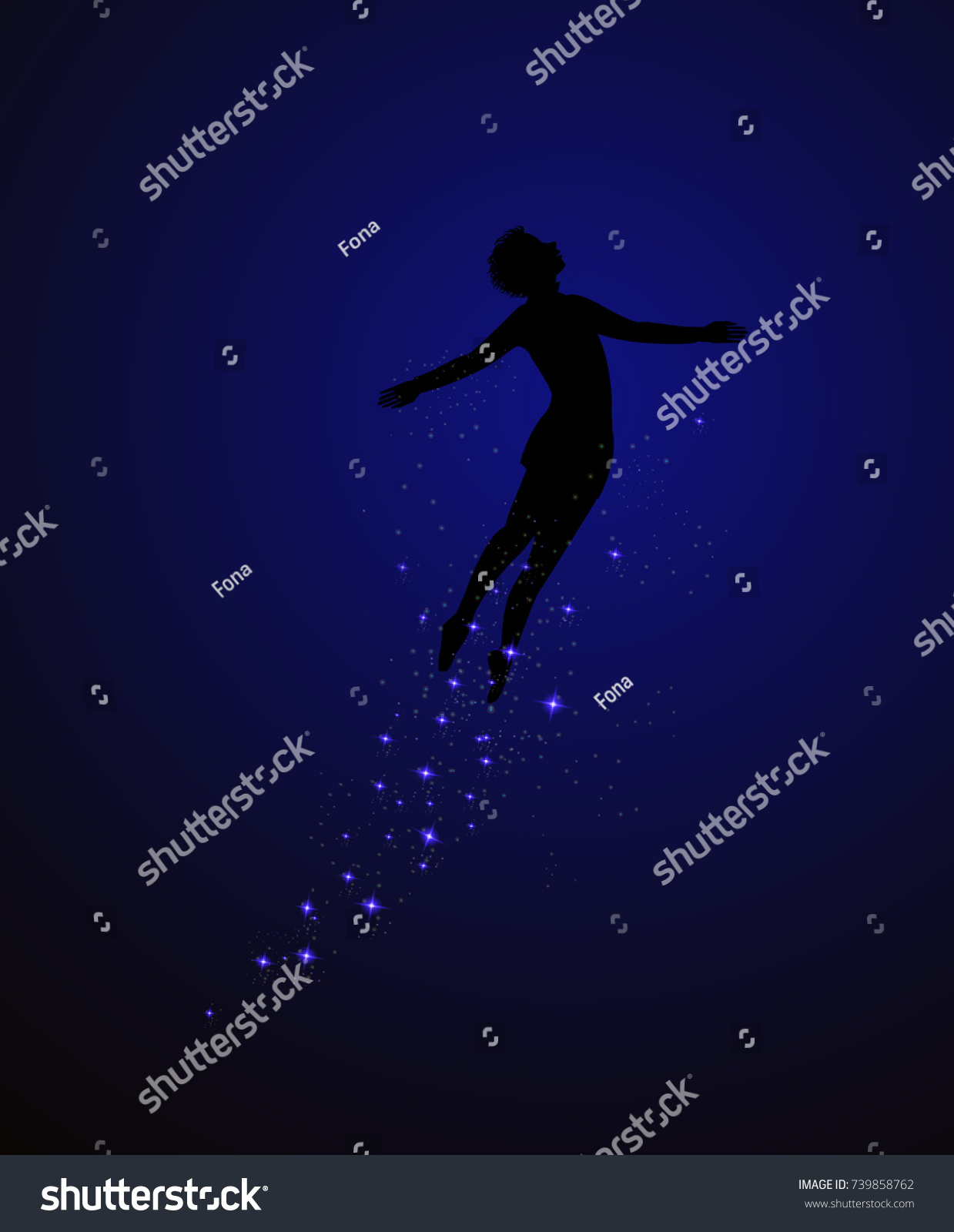 peter pan silhouette flying up at night with fairy blue sparckle vector