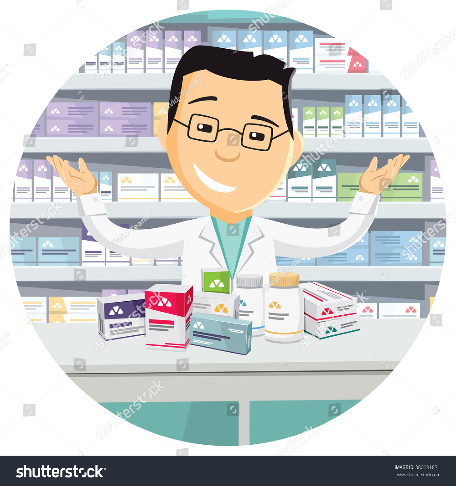 Pharmacist Chemist Man In Pharmacy. Banner. Sale Of Vitamins And ...