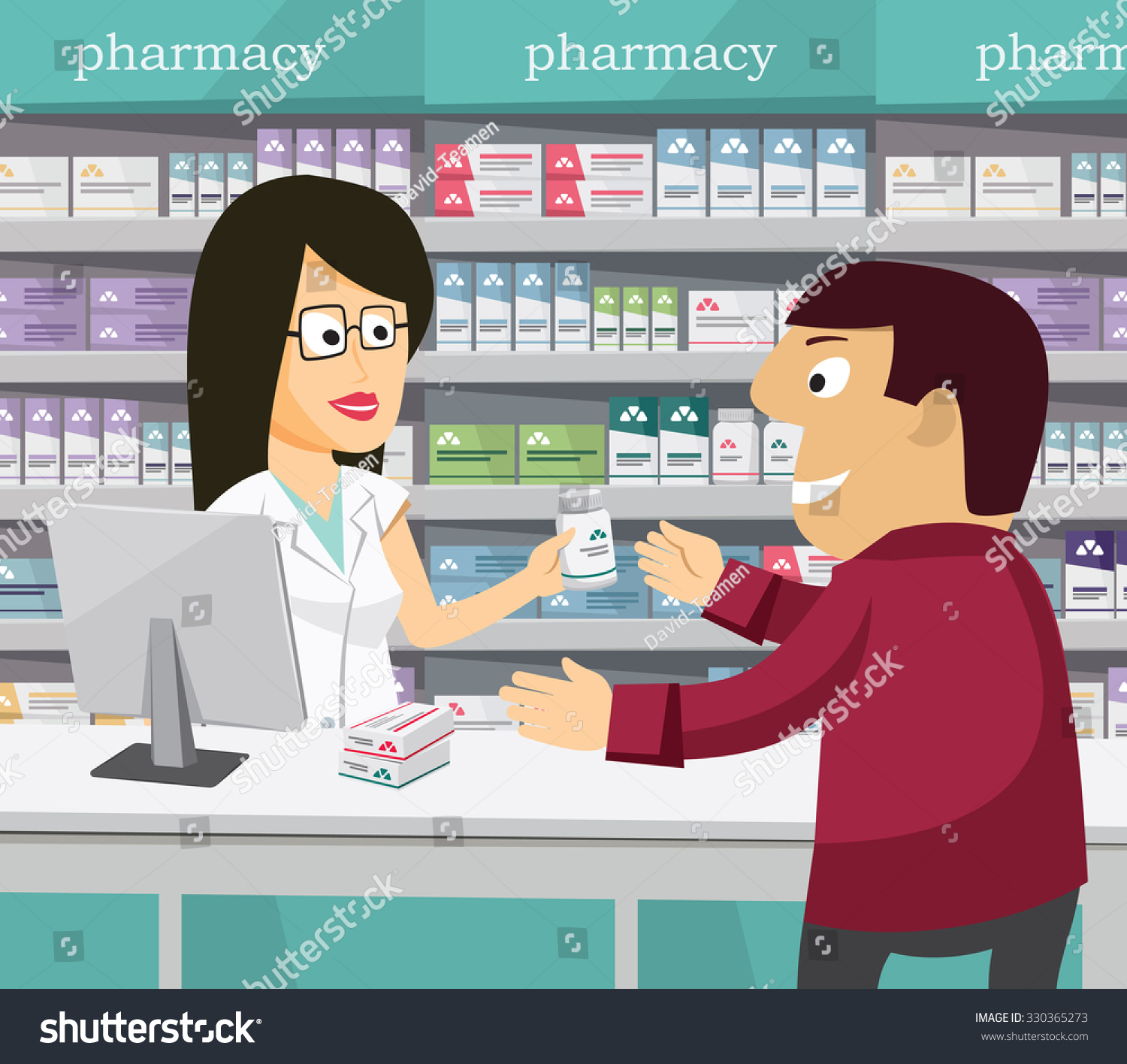 Pharmacist Chemist Woman In Pharmacy. Man Buys Drugs At The Pharmacy ...