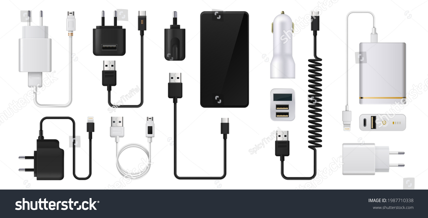 SVG of Phone charger. Realistic smartphone power supply. 3D USB cables and electric plugs. Auto adaptors for charging devices. Power cords. Vector digital equipment for accumulator refuels svg