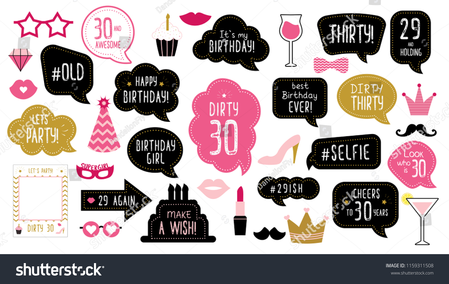 SVG of Photo booth props set for 30th birthday party. Happy dirty thirty 30. Mustache, funny phrases, glasses, lips, crown, cake for anniversary. Bubble speech. Photobooth elements.  svg