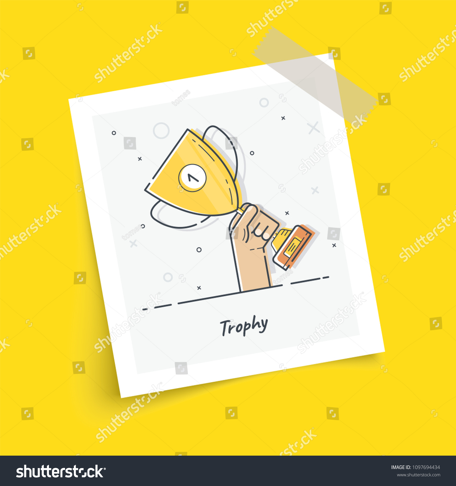 SVG of Photo frame on sticky tape with gold cup in hands. Hand holding winner's trophy award. Trendy flat vector on yellow background. Vector Illustration.  svg
