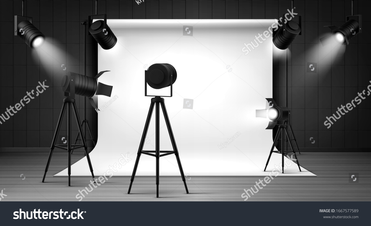 Photography Studio Interior With White Paper Background And Spotlights