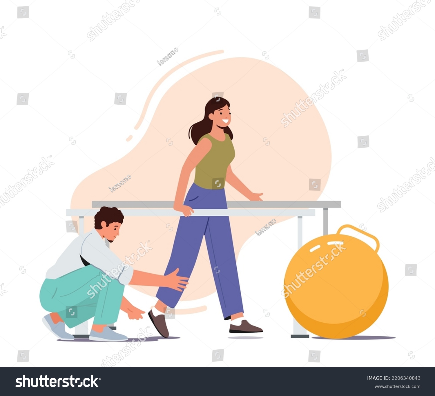 SVG of Physical Rehabilitation Concept. Doctor Helps Patient To Walk After Injury Or Medical Operation During Physio Therapy. Treatment For Character With Disabilities. Cartoon People Vector Illustration svg