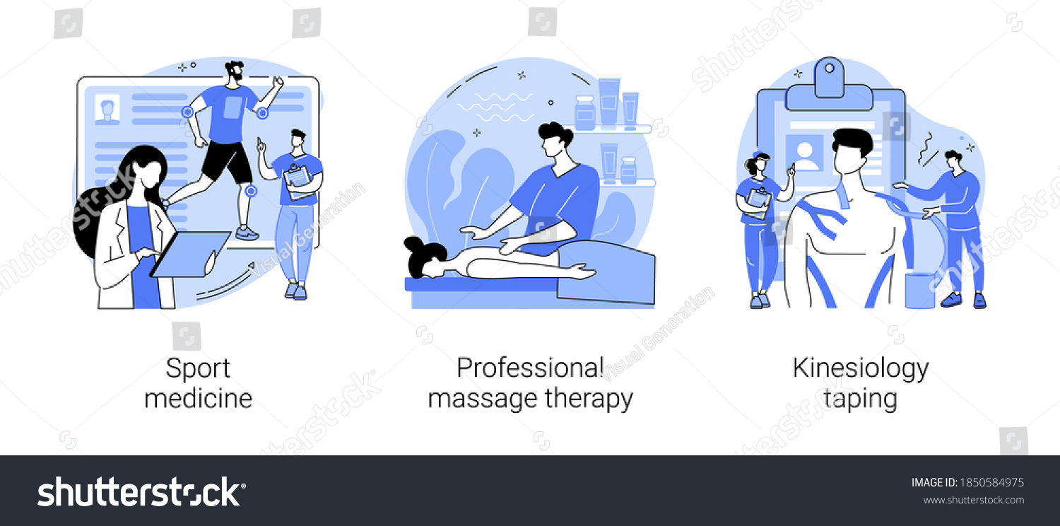SVG of Physical therapy abstract concept vector illustration set. Sport medicine, professional massage therapy, kinesiology taping, pain relief, wellness relaxation, bandage application abstract metaphor. svg