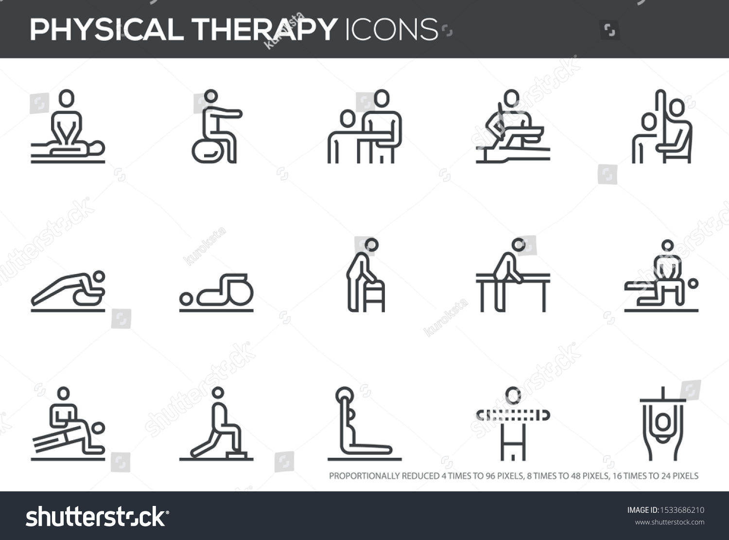 SVG of Physical Therapy Vector Line Icons Set. Rehabilitation Treatment, Therapeutic, Physiotherapy, Recuperation. Perfect pixel icons, such can be scaled to 24, 48, 96 pixels. svg