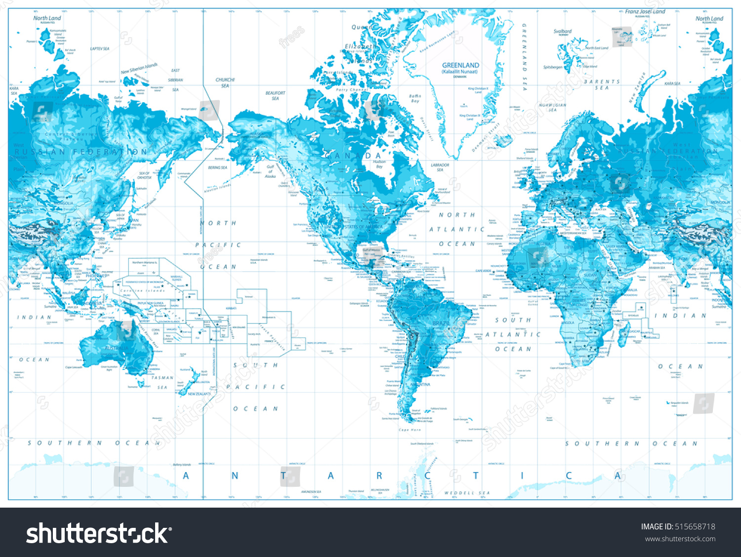 Physical World Map America Center World - Stock Vector Physical World Map America Centered World Map In Colors Of Blue Isolated On White 515658718