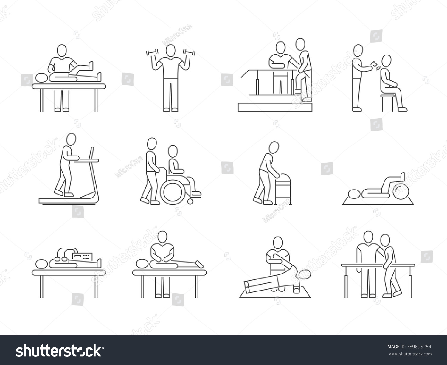 SVG of Physiotherapy and rehabilitation, exercises and massage therapy vector line medical icons. Medical patient, physical therapy exercise illustration svg