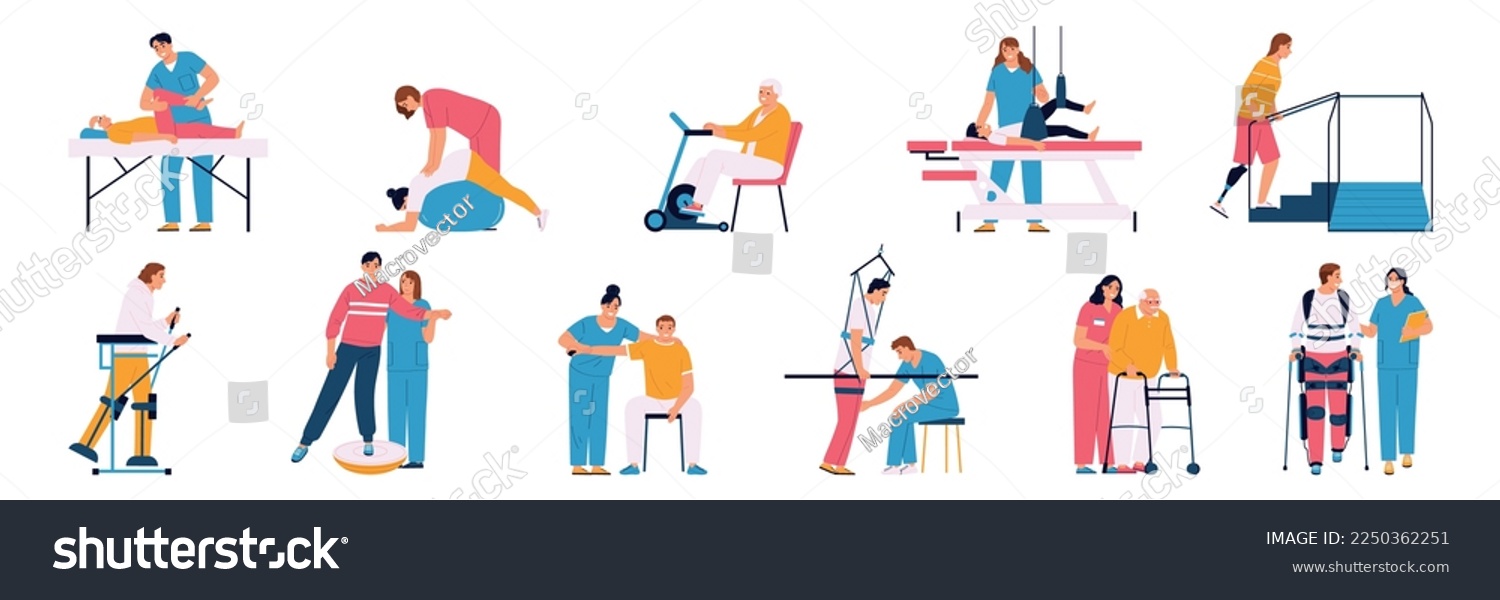 SVG of Physiotherapy flat color set of doctors working with patients during rehabilitation after trauma or surgery isolated vector illustration svg
