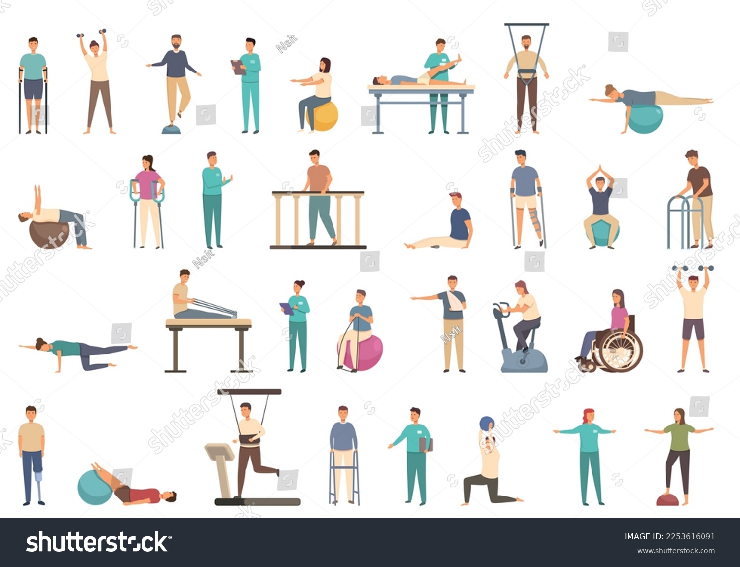 SVG of Physiotherapy icons set cartoon vector. Treatment exercise. Condition equipment svg