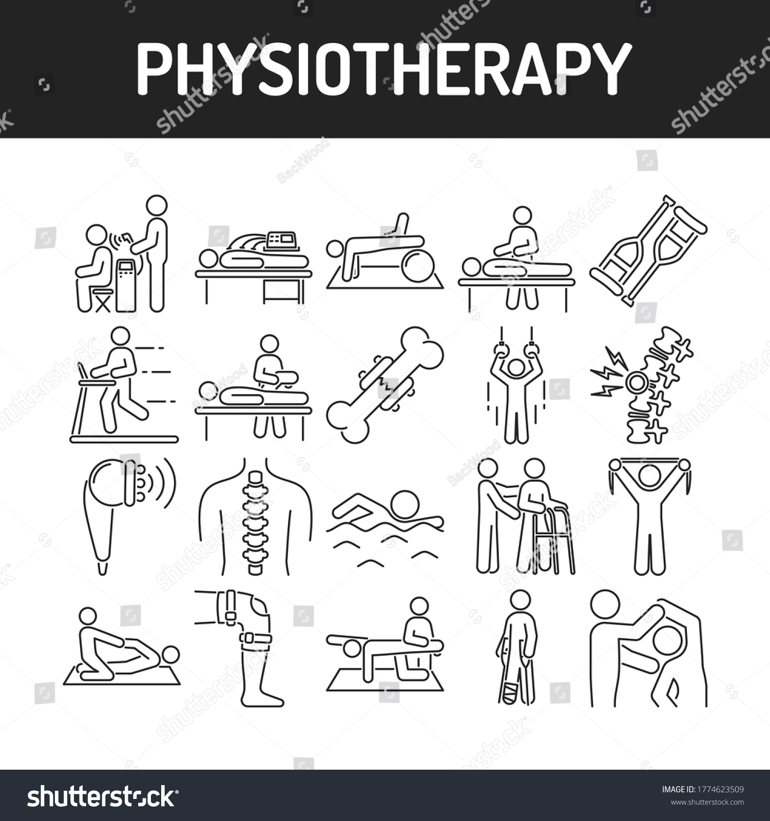 SVG of Physiotherapy line black icons set. Rehabilitation, therapy concept. Injury treatment. Isolated vector element. Outline pictograms for web page, mobile app, promo.  svg